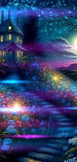 Enchanted night scene with cottage and glowing flowers under a starry sky.