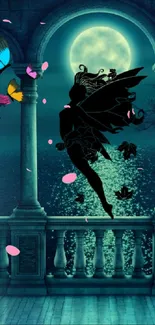 Silhouette of a fairy flying in front of a moonlit ocean with red roses and butterflies.