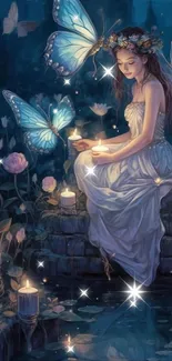 Fairy with glowing wings in a candlelit garden at night.