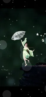 Fantasy art of a girl with an umbrella surrounded by butterflies at night.