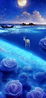 Surreal nightscape with blue roses and a deer under a starry sky.