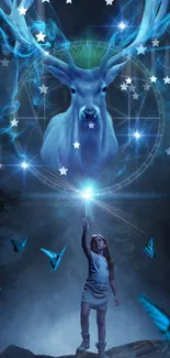 Enchanting night scene with mystical stag and glowing blue light.