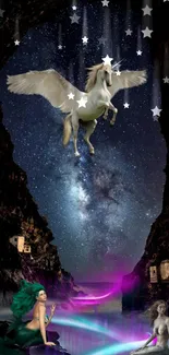 Fantasy unicorn and mermaids under a starry night sky wallpaper.