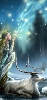 Magical scene with a mystical figure and a deer under a starlit sky.