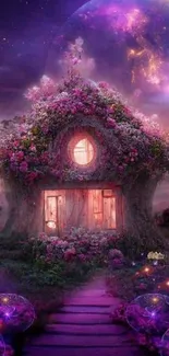 Fantasy house under a glowing moon with purple accents.