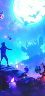 A fantasy scene with characters under a glowing blue moonlit sky.