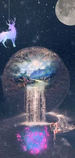 Fantasy wallpaper with moon, deer, and waterfall under a starry night sky.