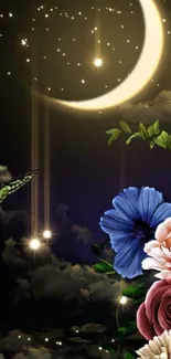 Enchanted night wallpaper with moon, stars, flowers, and butterfly.