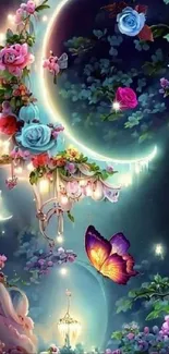 Enchanting night scene with flowers and a crescent moon.