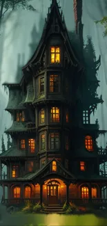 Enchanted house with glowing windows in a dark misty forest.