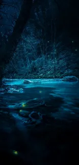 Mystical night forest with moonlit stream and fireflies glowing in the darkness.