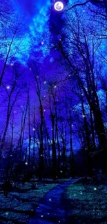 Enchanted night forest with a glowing blue sky and moonlit trees.