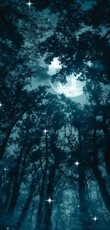 Mystical forest wallpaper with stars and moonlight.