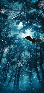 Mobile wallpaper with bat and snowflakes in a moonlit forest scene.