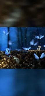 Ethereal night forest scene with glowing mushrooms and butterflies.