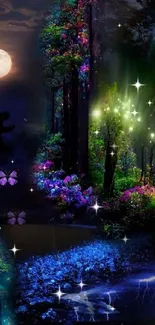 Enchanted forest at night with vibrant colors and a full moon.