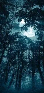 Enchanted forest at night with a glowing moon in a dark blue sky.