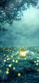 Mystical night forest with glowing lanterns and teal backdrop.