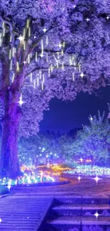 Enchanted night garden with vibrant purple hues and illuminated trees.