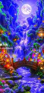 Vibrant fantasy garden at night with waterfall and moonlight.