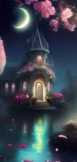 Enchanted night garden with a cottage, crescent moon, and mystical flowers.