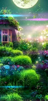 Enchanted garden illuminated by moonlight, featuring lush greenery and serene ambiance.