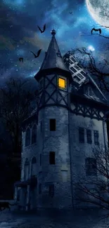 Gothic tower under a starry night sky.