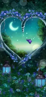 Enchanted heart-shaped forest scene with moonlit glow and lanterns.