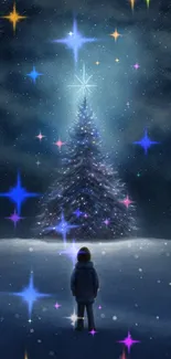 Child gazes at a snowy, lit Christmas tree under a starry dark night sky.