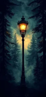 Enchanted lamp post glowing in a dark forest at night.