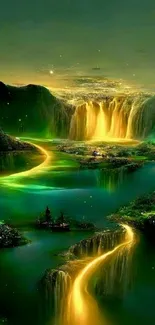 Dreamy landscape with glowing waterfall and moonlight over serene waters.