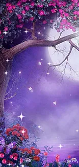 Enchanting purple night landscape with flowers, moon, and butterflies.