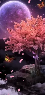 Mystical wallpaper with a pink tree, butterflies, and a glowing moon.