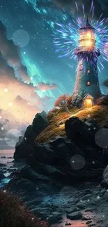 Lighthouse on rocky cliff under a starry sky at night.