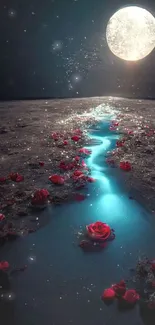 Enchanting moonlit roses with blue stream under full moon.