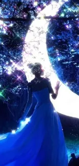 Mystical figure in blue dress under moonlit night sky.