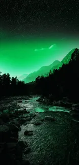 A mesmerizing green night sky over a mountain river landscape.