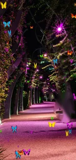 A vibrant night pathway with colorful butterflies.