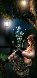 A girl reads on a tree branch under lanterns at night surrounded by magic butterflies.