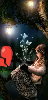 Girl reading in tree under lanterns with butterflies at night.