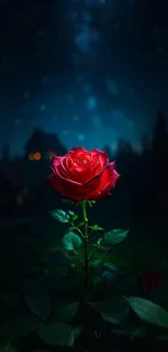 A glowing red rose under a starry night sky with a dark, mystical background.