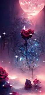 Enchanted scene with glowing purple roses and stars in a fantasy night setting.