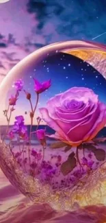 Purple rose in glass sphere by the ocean under a starry night sky.