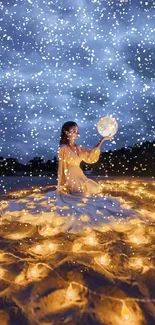 Woman in a glowing light circle under a blue night sky.