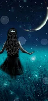 Girl under night sky with crescent moon and stars in a dreamy landscape.