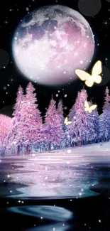 Fantasy night scene with moon, butterflies, and snowy purple forest reflecting on water.