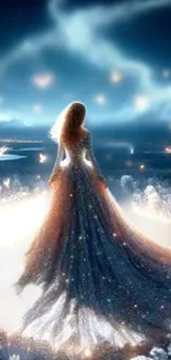 Silhouette of a woman under a starry night sky, in a shimmering dress surrounded by light.