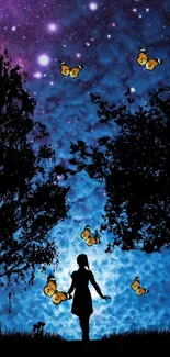 Silhouette of girl with butterflies under a blue starry sky.