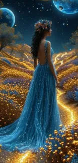 Woman in blue dress under starry night sky.