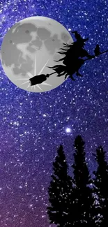 Witch flying under a starry night sky with full moon backdrop.